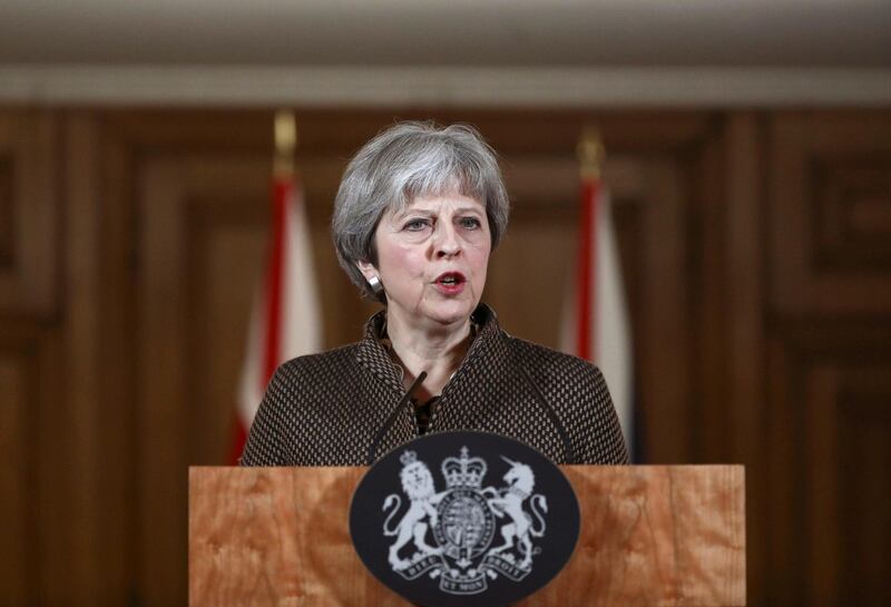 Britain's Prime Minister Theresa May speaks during a press conference at 10 Downing Street in London on the air strikes against Syria, Saturday April 14, 2018. (Simon Dawson/pool photo via AP)