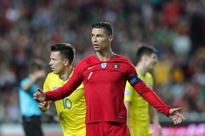 epa07457150 Portugal's Cristiano Ronaldo reacts during the UEFA EURO 2020 qualification match between Portugal and Ukraine at Luz Stadium in Lisbon, Portugal, 22 March 2019.  EPA/MIGUEL A. LOPES