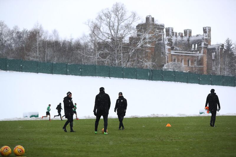 Celtic FC train in the snow in Lennoxtown in Glasgow, Scotland. Ian MacNicol/Getty Images