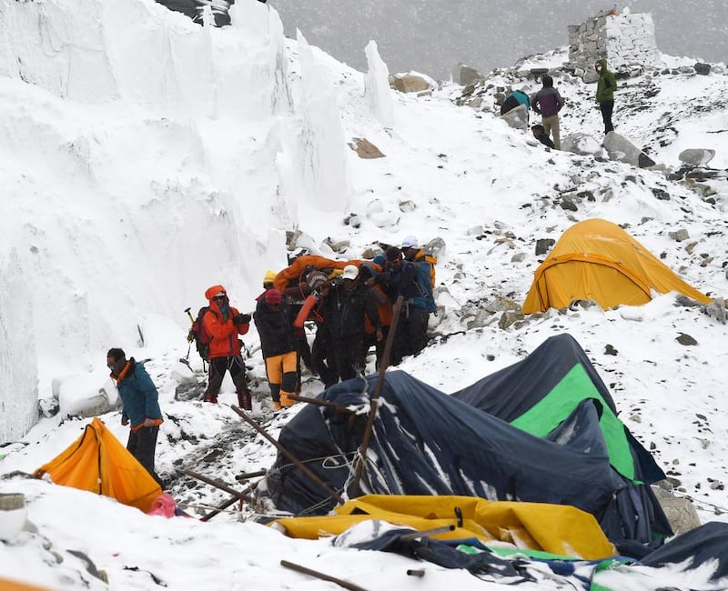 The earthquake dislodged a ‘huge block of ice’ above base camp which sparked a ‘huge aerosol avalanche’ that slammed into the upper section of base camp, blowing tents across the mountain, according to US-based Madison Mountaineering.
