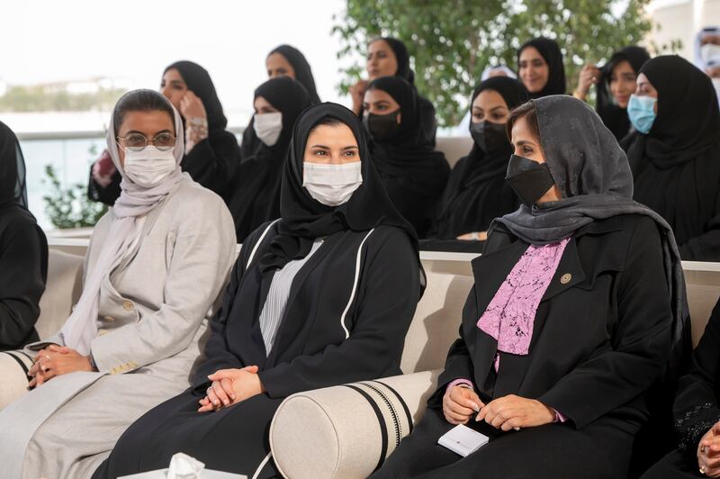 Front, right to left: Jameela bint Salem Mesbeh Al Muhairi, UAE Minister of State for Public Education, Sarah bint Yousif Al Amiri, UAE Minister of State for Advanced Technology, Noura bint Mohamed Al Kaabi, UAE Minister of Culture and Youth.