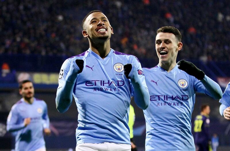 Soccer Football - Champions League - Group C - GNK Dinamo Zagreb v Manchester City - Stadion Maksimir, Zagreb, Croatia - December 11, 2019  Manchester City's Gabriel Jesus celebrates scoring their second goal with Phil Foden     REUTERS/Antonio Bronic