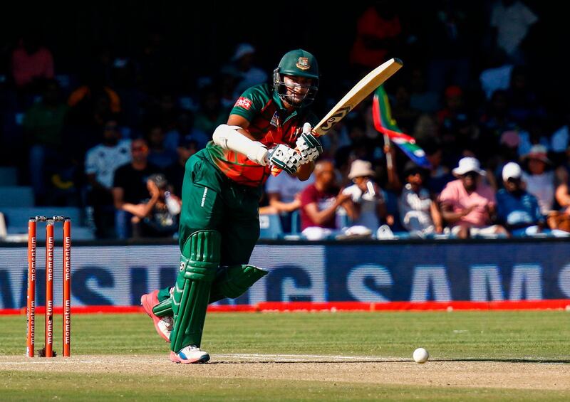 Bangladesh's Shakib Al Hasan plays a shot during the ODI One-Day International match Bangladesh vs South Africa at the Buffalo Park Cricket Grounds in East London on October 22, 2017.   / AFP PHOTO / MICHAEL SHEEHAN