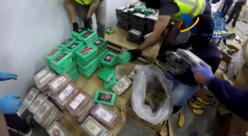 Spanish customs authorities show contents of a record cocaine seizure which was hidden among boxes of bananas in a shipping container in this still image from video in Algeciras, Spain, released April 25, 2018.  SPANISH INTERIOR MINISTRY via REUTERS