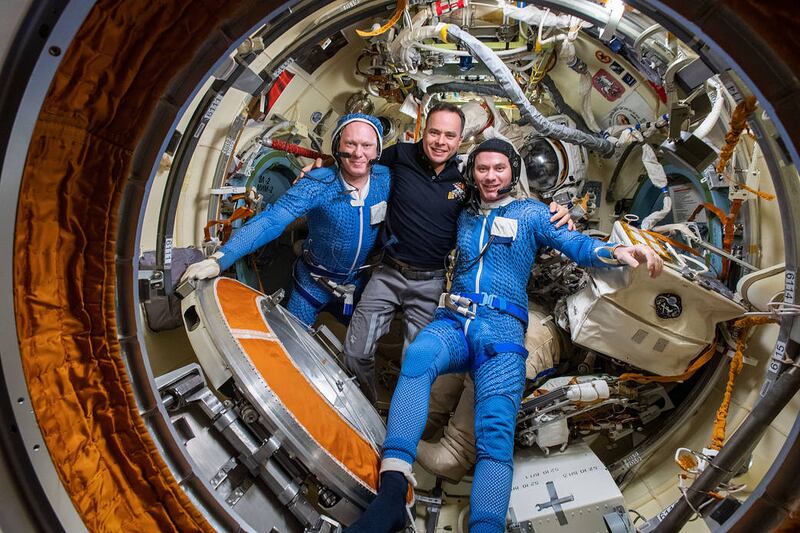 Roscosmos cosmonauts, from left; Oleg Artemyev, Sergey Korsakov and Denis Matveev, inside the International Space Station's Poisk module in April 2021. Photo: Nasa