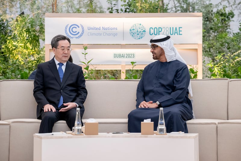 President Sheikh Mohamed meets Chinese Vice Premier Ding Xuexiang at Cop28. Photo: UAE Presidential Court 