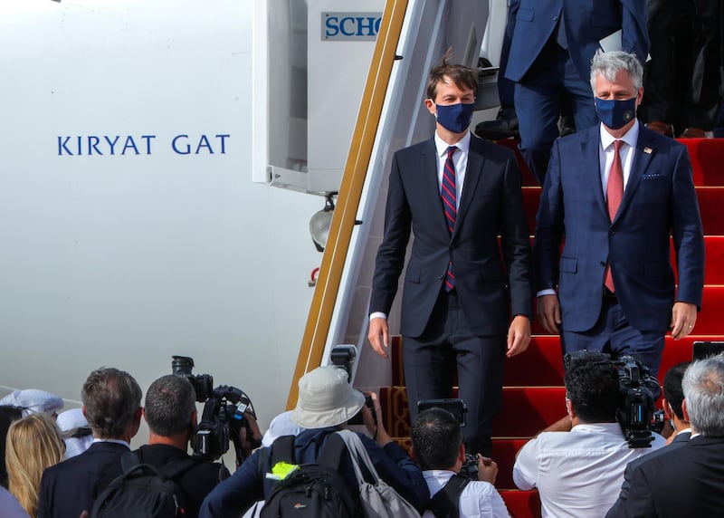 Abu Dhabi, United Arab Emirates, August 31, 2020. US-Israeli delegation led by White House senior adviser Jared Kushner on Monday arrived in the UAE on the first commercial flight between Israel and the UAE.
Victor Besa /The National
Section:  NA
Reporter:  Khaled Owais