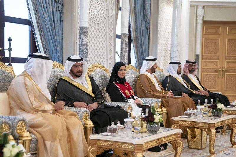 ABU DHABI, UNITED ARAB EMIRATES - December 02, 2018: (R-L) HH Sheikh Ammar bin Humaid Al Nuaimi, Crown Prince of Ajman, HH Sheikh Mohamed bin Hamad Al Sharqi, Crown Prince of Fujairah, HH Sheikh Abdullah bin Rashid Al Mu'alla, Deputy Ruler of Umm Al Quwain, HE Dr Amal Abdullah Al Qubaisi, Speaker of the Federal National Council (FNC) and HH Sheikh Hamdan bin Zayed Al Nahyan, Ruler’s Representative in Al Dhafra Region, attend a reception hosted by HH Sheikh Mohamed bin Rashid Al Maktoum, Vice-President, Prime Minister of the UAE, Ruler of Dubai and Minister of Defence (not shown) and HH Sheikh Mohamed bin Zayed Al Nahyan, Crown Prince of Abu Dhabi and Deputy Supreme Commander of the UAE Armed Forces (not shown), at the Presidential Palace.

( Rashed Al Mansoori / Ministry of Presidential Affairs )
---
