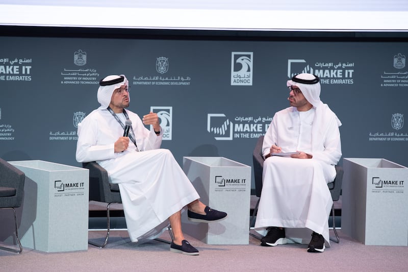 Mr Al Shorafa, left, and Ali Al Sayegh, vice president of internal communications and employee engagement at Adnoc, during a discussion at the forum.