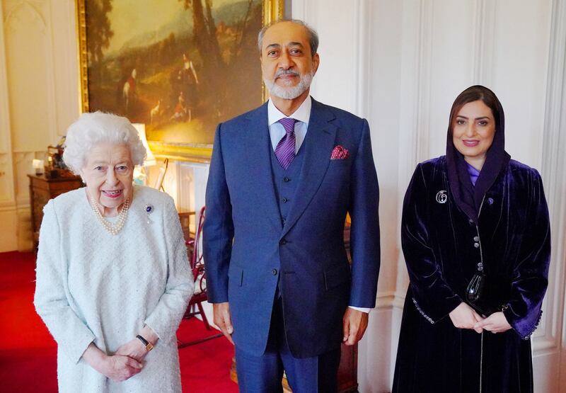 Britain's Queen Elizabeth with Sultan Haitham bin Tariq of Oman and his wife, Sayyida Ahad bint Abdullah bin Hamad Al Busaidiyah. AFP