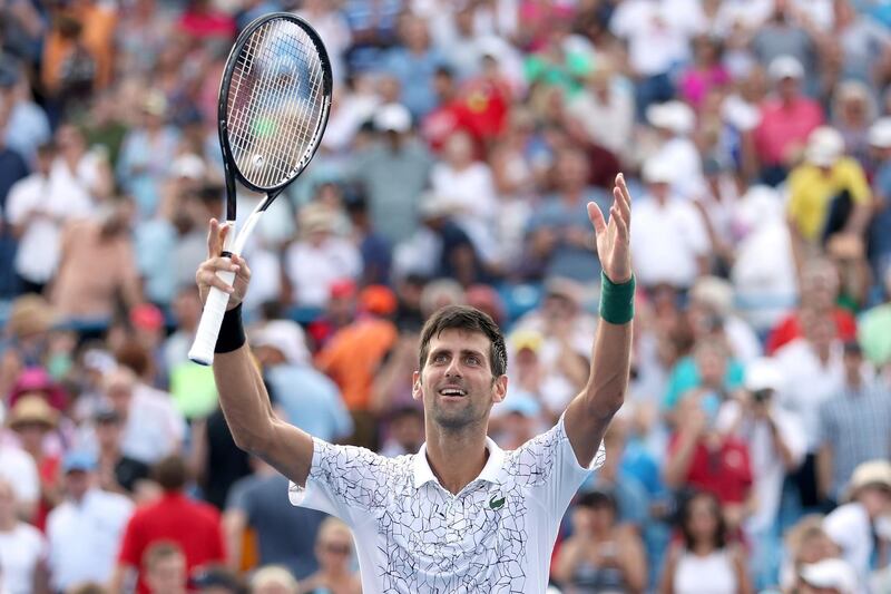 MASON, OH - AUGUST 19: Novak Djokovic of Serbis celebrates his win over Roger Federer of Switzerland during the men's final of the Western & Southern Open at Lindner Family Tennis Center on August 19, 2018 in Mason, Ohio.   Matthew Stockman/Getty Images/AFP
== FOR NEWSPAPERS, INTERNET, TELCOS & TELEVISION USE ONLY ==
