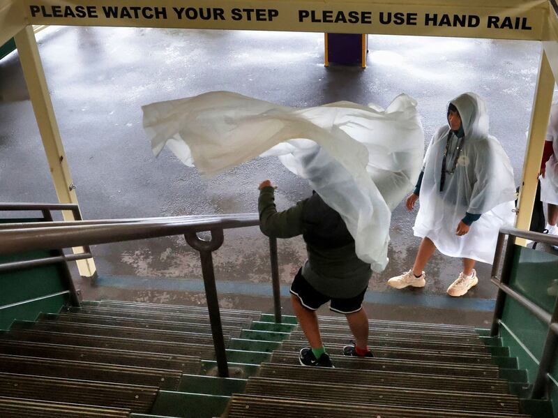 A gust of window blows a guest's rain poncho on the ferry on the way to the Magic Kingdom at Walt Disney World. AP