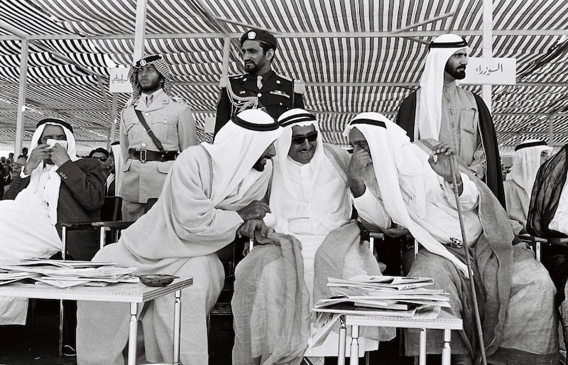 Sheikh Zayed witnesses military ceremony for the 4th National Day. February 12, 1975. Courtesy to Ittihad. History Project 2011