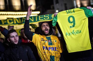 Nantes supporters pay tribute to Emiliano Sala. The No 9 he wore for the French club before he signed for Cardiff City is now going to be retired. AFP