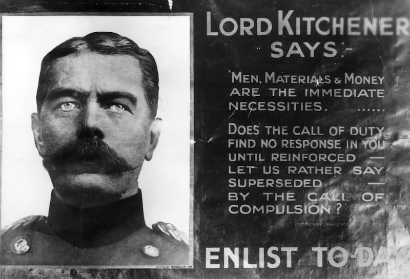 British soldier Lord Horatio Herbert Kitchener featured in an army recruitment poster in 1915