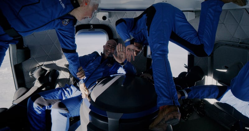 Members on Blue Origin's New Shepard rocket experience the true effects of weightlessness before landing outside  Van Horn, Texas. Photo: Blue Origin