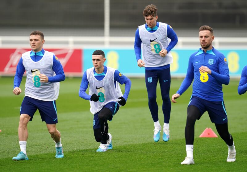 Left to right: England's Kieran Trippier, Phil Foden, John Stones and Jordan Henderson. PA