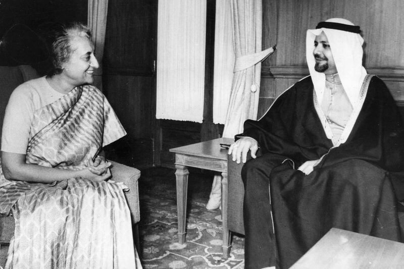 Saudi Arabian politician and member of OPEC, Sheik Ahmed Zaki Yamani, meeting with Indian prime minister Indira Gandhi (1917 - 1984), during talks in New Delhi.   (Photo by Keystone/Getty Images)