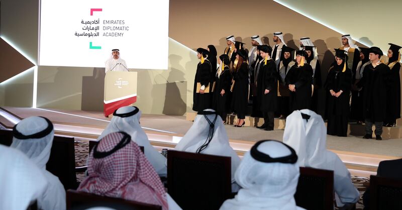 Sheikh Abdullah bin Zayed, Minister of Foreign Affairs and International Cooperation and Chairman of the Board of Trustees of the Emirates Diplomatic Academy, addresses the EDA graduates on Saturday. Wam