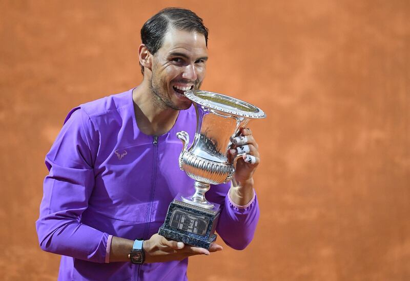 Rafael Nadal after beating Novak Djokovic to win the Italian Open final in Rome, on Sunday, May 16. EPA