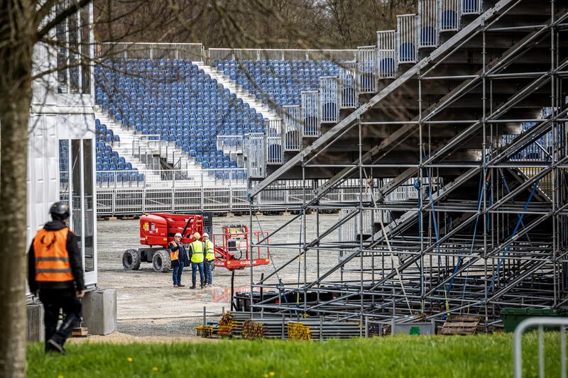 Grandstands are set up in the gardens of Chateau de Versailles, where equestrian events and the modern pentathlon will be held. EPA
