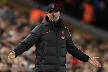 Liverpool's German manager Jurgen Klopp reacts during the English Premier League football match between Liverpool and Leeds United at Anfield in Liverpool, north west England on October 29, 2022.  (Photo by Oli SCARFF / AFP) / RESTRICTED TO EDITORIAL USE.  No use with unauthorized audio, video, data, fixture lists, club/league logos or 'live' services.  Online in-match use limited to 120 images.  An additional 40 images may be used in extra time.  No video emulation.  Social media in-match use limited to 120 images.  An additional 40 images may be used in extra time.  No use in betting publications, games or single club/league/player publications.   /  