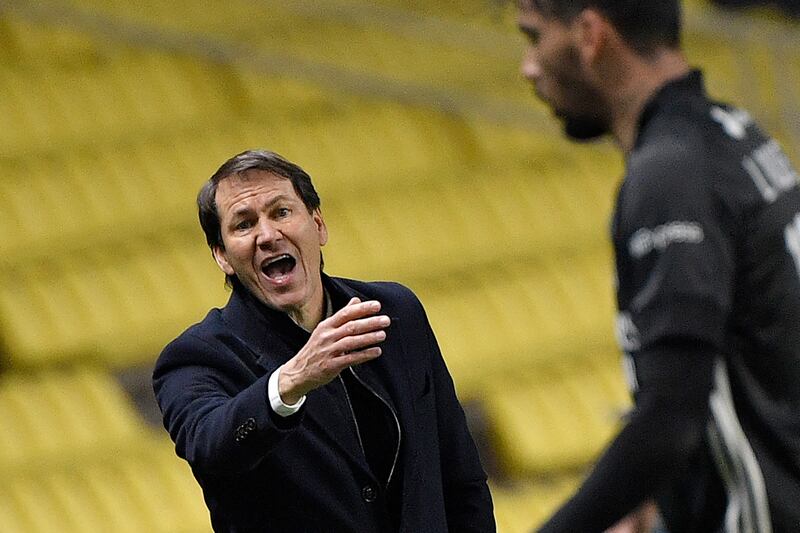 Lyon's French head coach Rudi Garcia gestures during the French Ligue 1 match against Nantes at the La Beaujoire Stadium in Nantes, western France, on April 18, 2021. AFP