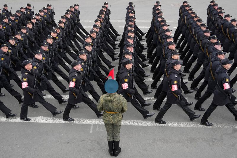 Russian troops rehearse for a Victory Day parade to be held at Dvortsovaya Square in St Petersburg on May 9, to celebrate the Second World War victory over Nazi Germany. AP Photo