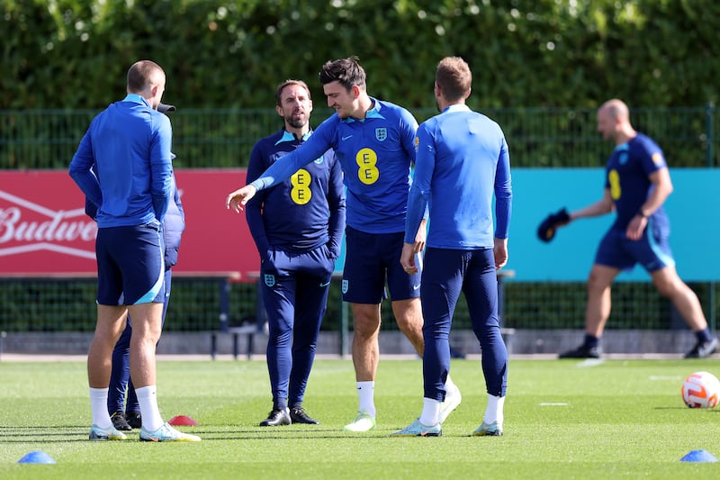 England defender Harry Maguire makes a point during training. Getty