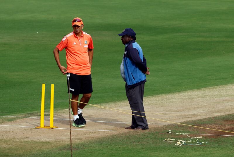 India coach Rahul Dravid inspects the pitch in Hyderabad. Reuters