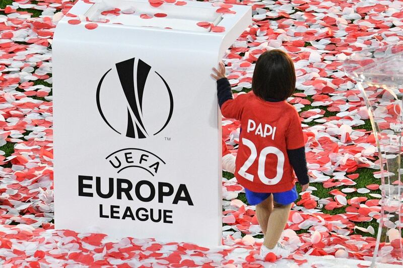 Alexia Torres, the daughter of Atletico Madrid player Juanfran Torres, stands on the pitch after Atletico won the UEFA Europa League final between Olympique Marseille and Atletico Madrid in Lyon, France, on May 16, 2018. Sascha Steinbach / EPA