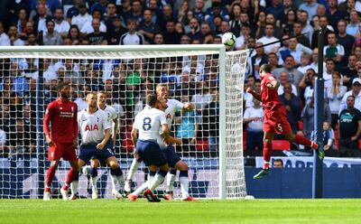 Soccer Football - Premier League - Tottenham Hotspur v Liverpool - Wembley Stadium, London, Britain - September 15, 2018  Liverpool's Georginio Wijnaldum scores their first goal   REUTERS/Dylan Martinez  EDITORIAL USE ONLY. No use with unauthorized audio, video, data, fixture lists, club/league logos or "live" services. Online in-match use limited to 75 images, no video emulation. No use in betting, games or single club/league/player publications.  Please contact your account representative for further details.