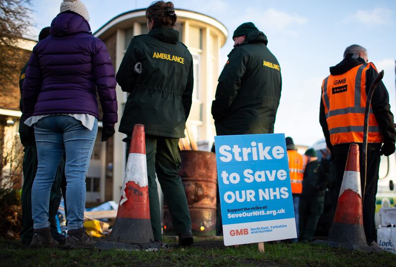 Ambulance workers on strike in Huddersfield. EPA