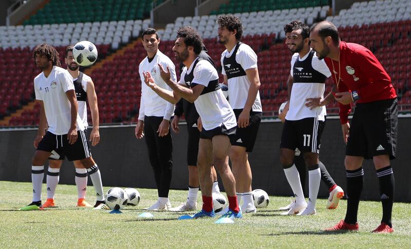 Mohamed Salah, centre, takes part in a training at the Akhmat Arena stadium in Grozny, Russia, on June 13, 2018, ahead of the Russia 2018 World Cup football tournament. Karim Jaafar / AFP