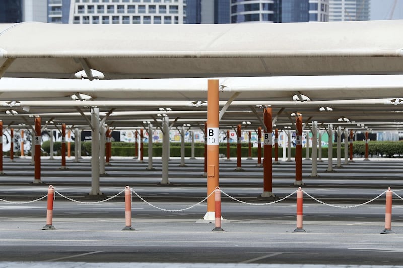 Dubai, United Arab Emirates - Reporter: N/A: An empty carpark in the Design District after Dubai imposed new restrictions on travel and shopping due to the corona virus. Sunday, April 5th, 2020. Dubai. Chris Whiteoak / The National