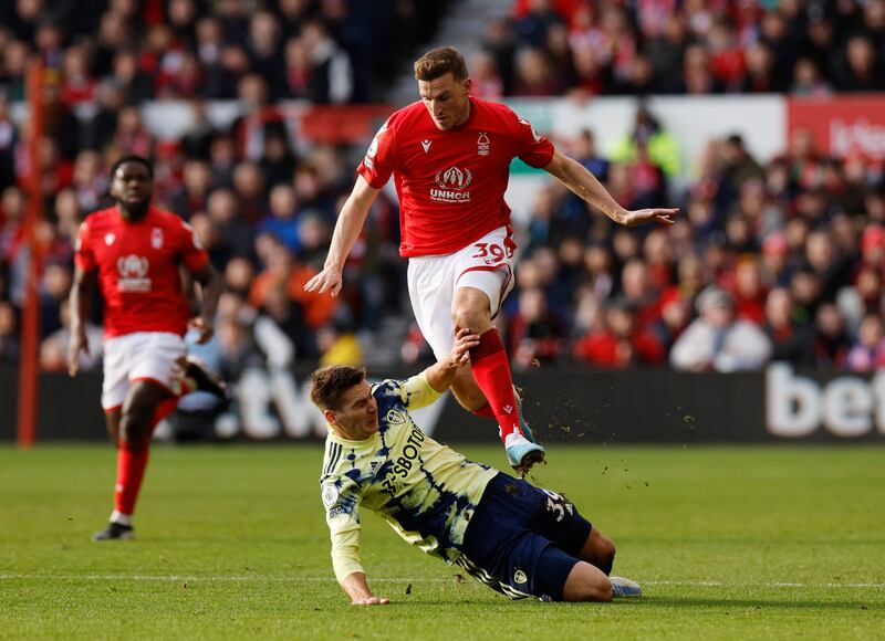 Leeds United's Maximilian Wober in action with Nottingham Forest's Chris Wood. Reuters