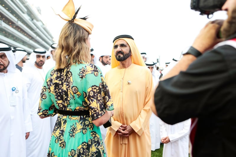 Duabi, United Arab Emirates, March 25, 2017:      Sheikh Mohammed bin Rashid Al Maktoum Prime Minister and Vice President of the United Arab Emirates and Ruler of Dubai speaks to a TV journalist in the parade ring during the Dubai World Cup at Meydan racecourse in Duabi on March 25, 2017. Christopher Pike / The National

Job ID: 72768
Reporter: Amith Passela, Jonathan Turner
Section: Sport
Keywords: Christophe Soumillion atop Thunder Snow *** Local Caption ***  CP0325-sp-Dubai World Cup-30.JPG