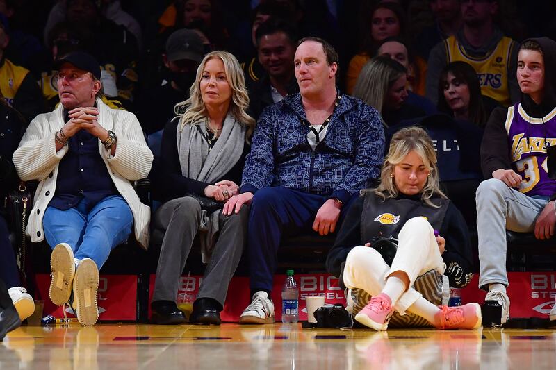 Los Angeles Lakers majority owner Jeanie Buss and actor Jay Mohr at the Crypto.com Arena in California. USA TODAY Sports