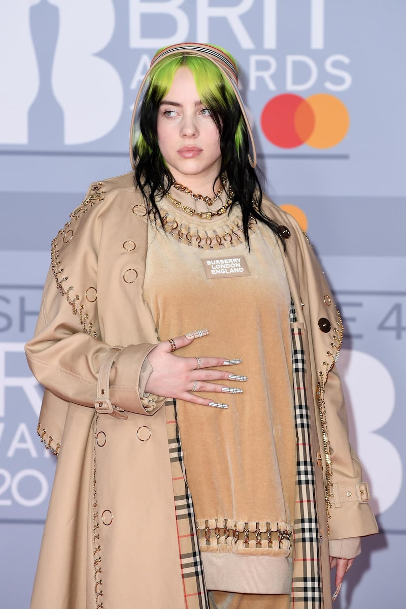 LONDON, ENGLAND - FEBRUARY 18: (EDITORIAL USE ONLY) Billie Eilish attends The BRIT Awards 2020 at The O2 Arena on February 18, 2020 in London, England. (Photo by Gareth Cattermole/Getty Images)