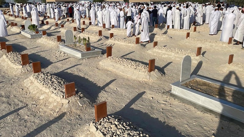 Hundreds of Emiratis attend the burial of Ms Mitchell at Bani Yas graveyard in Abu Dhabi after hearing that she had just a handful of surviving relatives. Photo: Janaza_UAE