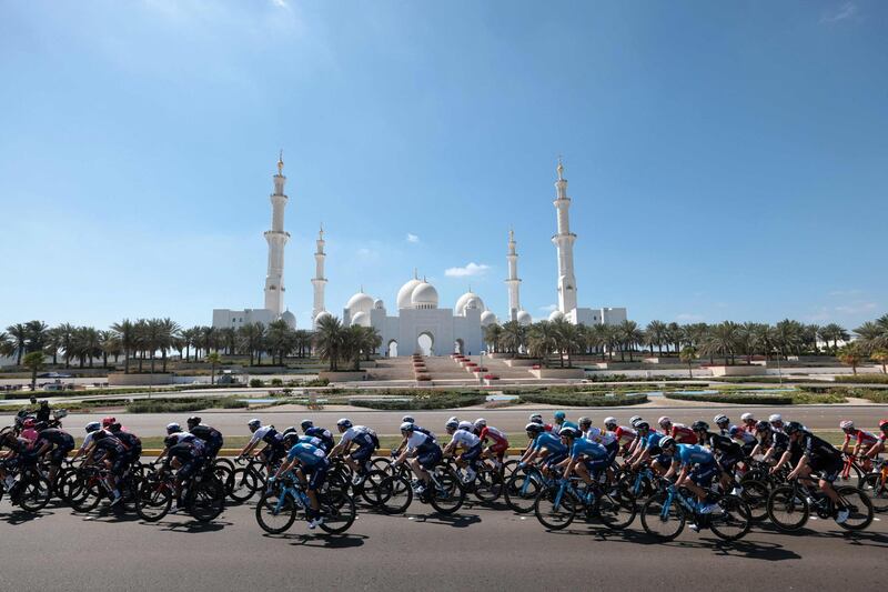 The pack rides during the seventh stage of the UAE Tour . AFP