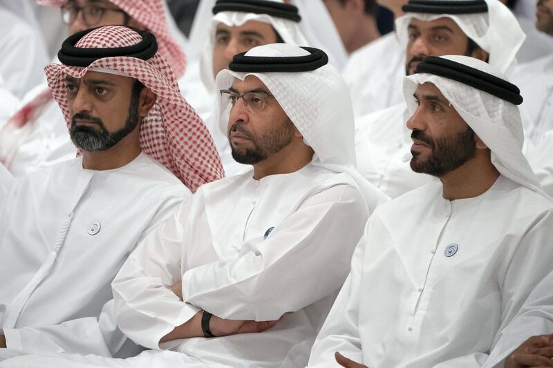 ABU DHABI, UNITED ARAB EMIRATES - May 30, 2018:  (L-R) HH Sheikh Ammar bin Humaid Al Nuaimi, Crown Prince of Ajman, HH Sheikh Hamdan bin Zayed Al Nahyan, Ruler’s Representative in Al Dhafra Region and HH Sheikh Nahyan Bin Zayed Al Nahyan, Chairman of the Board of Trustees of Zayed bin Sultan Al Nahyan Charitable and Humanitarian Foundation attend a lecture by HE Razan Al Mubarak titled, ’For The Love of Nature: Innovative Philanthropy for Species Conservation Worldwide’, at Majlis Mohamed bin Zayed.

( Hamad Al Kaabi / Crown Prince Court - Abu Dhabi )
---