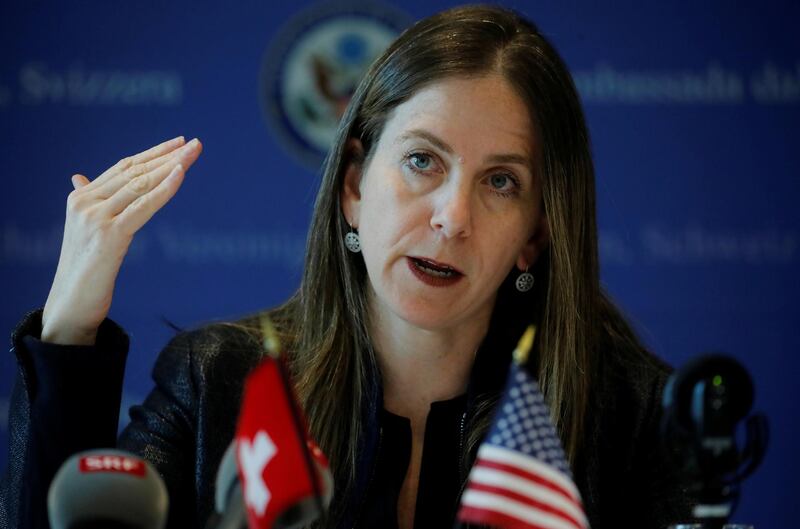 FILE PHOTO: U.S. Treasury Under Secretary for Terrorism and Financial Intelligence Sigal Mandelker addresses a press roundtable at the U.S. embassy in Bern, Switzerland September 10, 2019. REUTERS/Arnd Wiegmann/File Photo