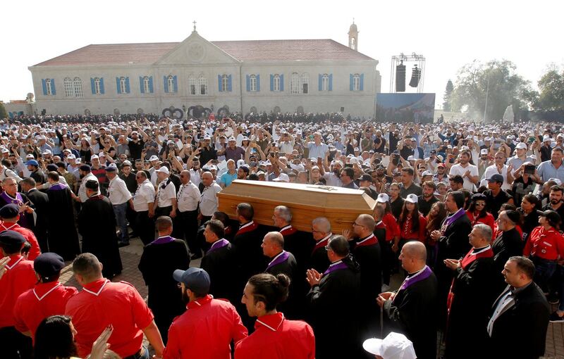 Priests carry the coffin of Sfeir during his funeral in Bkerke on May 16, 2019. Reuters