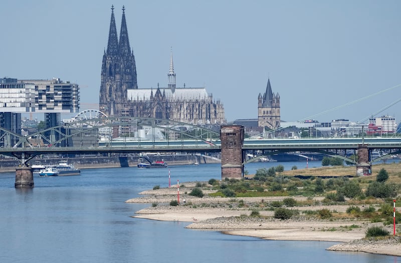 The Rhine river with low water levels in Cologne, Germany. AP