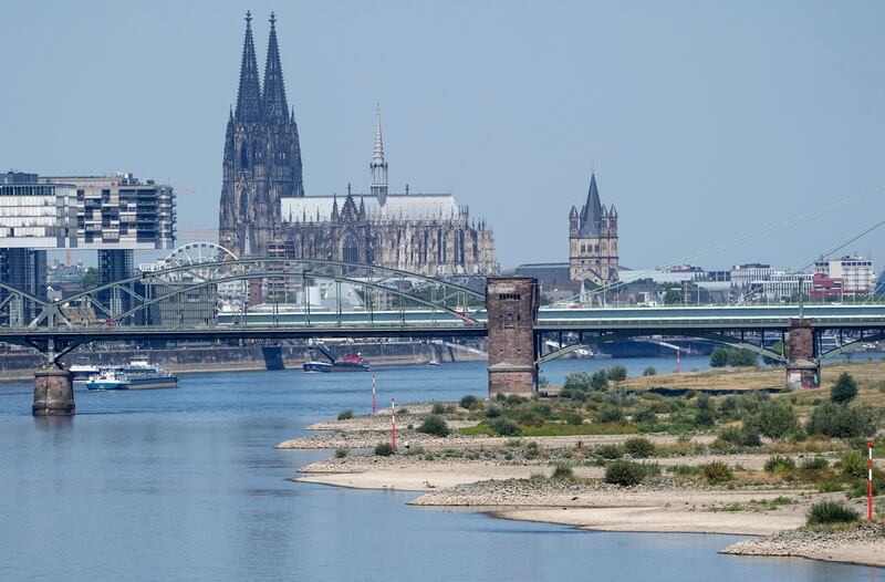 The Rhine river with low water levels in Cologne, Germany. AP