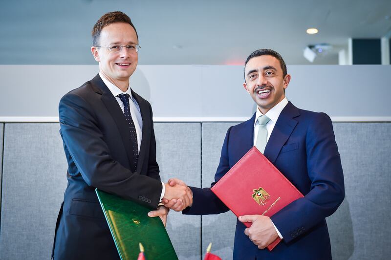 Sheikh Abdullah bin Zayed Al Nahyan, Minister of Foreign Affairs and International Cooperation, with Peter Szijjarto, Hungarian Minister of Foreign Affairs. WAM