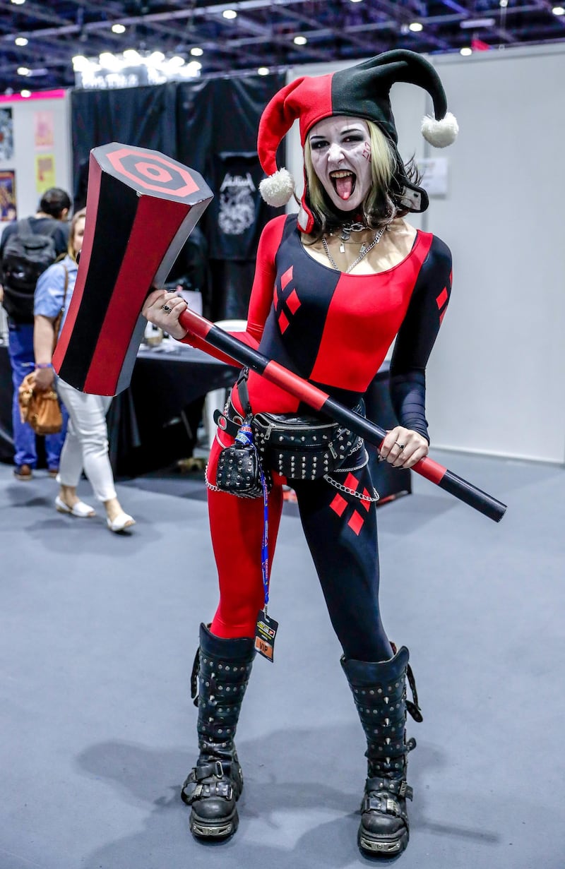 Dubai, April 12, 2019.  MEFCC day 2-Comic Con goers at full swing on day 2. --Harley DXB strikes a pose.Victor Besa/The National.Section:  AC  Reporter:  Chris Newbould