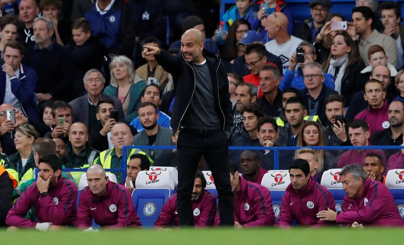 Soccer Football - Premier League - Chelsea vs Manchester City - Stamford Bridge, London, Britain - September 30, 2017   Manchester City manager Pep Guardiola   REUTERS/Eddie Keogh  EDITORIAL USE ONLY. No use with unauthorized audio, video, data, fixture lists, club/league logos or "live" services. Online in-match use limited to 75 images, no video emulation. No use in betting, games or single club/league/player publications. Please contact your account representative for further details.