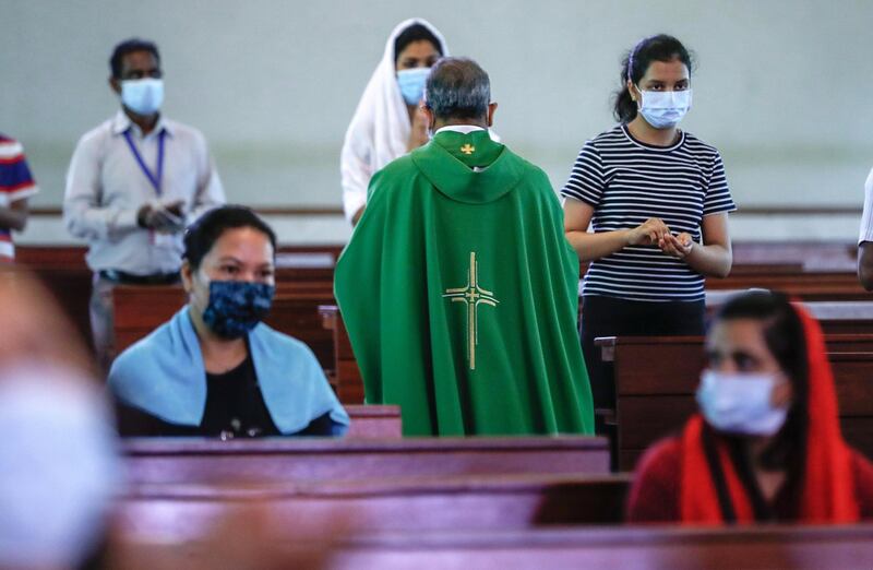 Abu Dhabi, United Arab Emirates, August 25, 2020.   
Social distancing and other Covid-19 measures are adhered to at the St. Joseph's Catholic Church in Abu Dhabi.
Victor Besa /The National
Section:  NA
Reporter:  Ramola Talwar